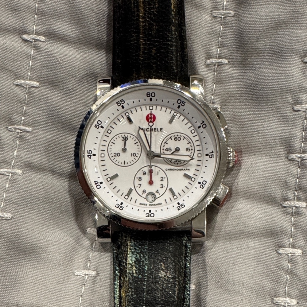 Michele Silver Case Watch with Black Strap